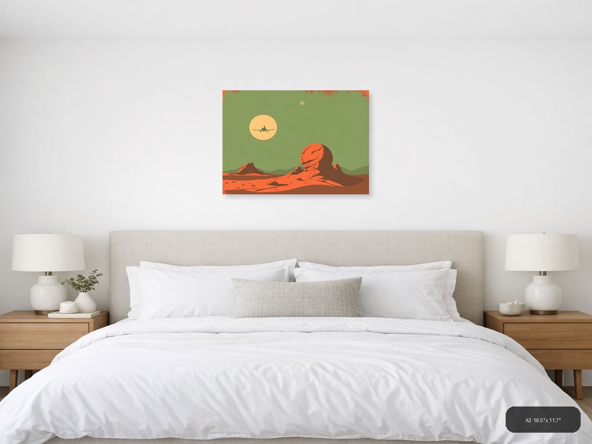 Vintage Mars Landscape Aircraft Silhouette Wall Art — A3 / Bedroom