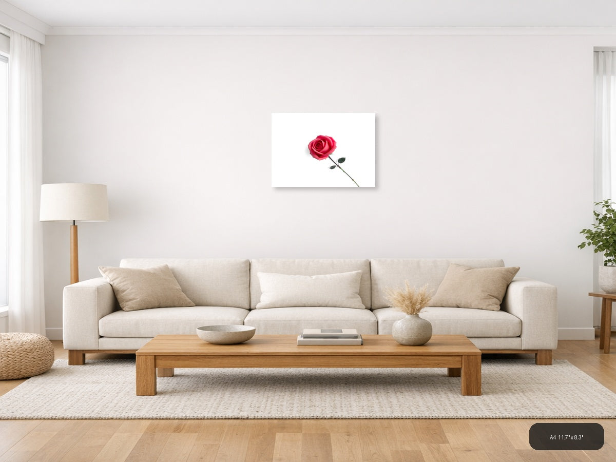 Minimalist Pink Rose on White Background Wall Art — A4 / Living Room