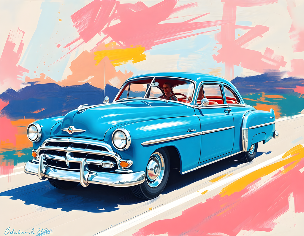 Blue Vintage Car Abstract Brushstrokes Wall Art