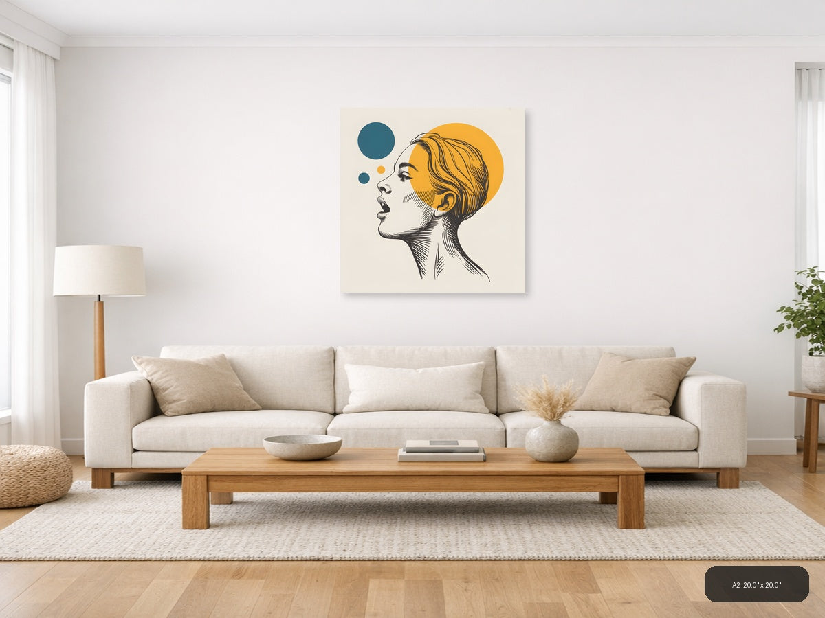 Modern Line Art Portrait with Yellow Circle Wall Art — A2 / Living Room