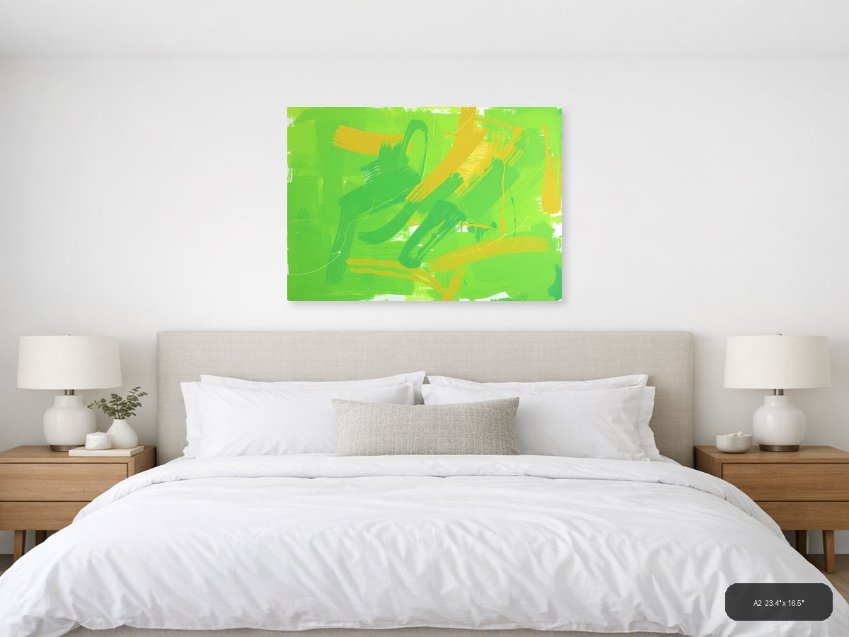 Vibrant Green & Yellow Abstract Brush Strokes Wall Art — A2 / Bedroom