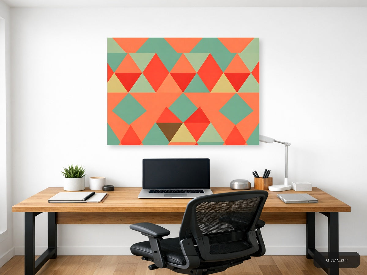Vintage Geometric Triangle Pattern Coral Teal Wall Art — A1 / Office