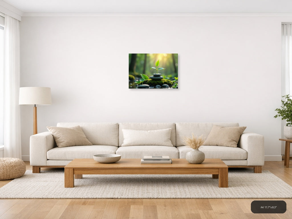 Young Plant on Stacked Stones Botanical Wall Art — A4 / Living Room