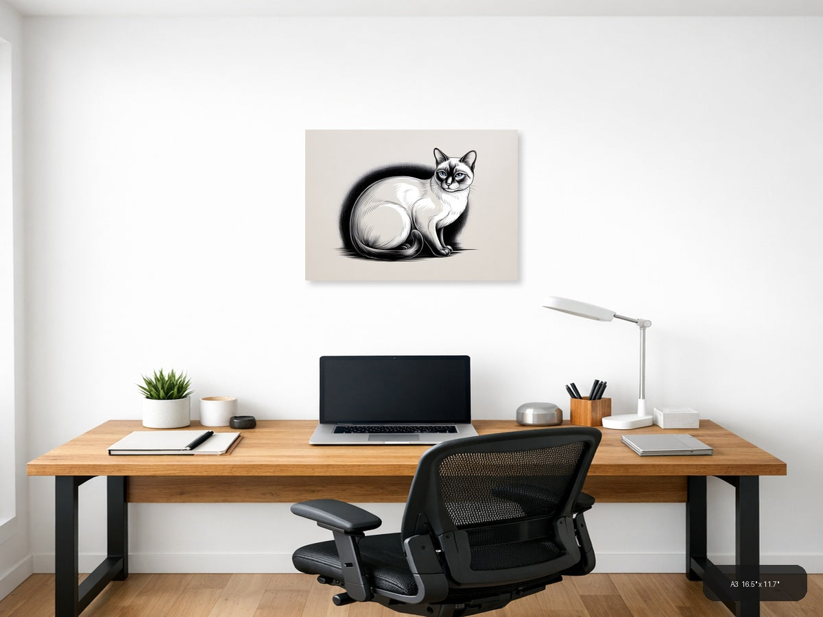 Siamese Cat with Fluffy Tail Line Art Wall Art — A3 / Office