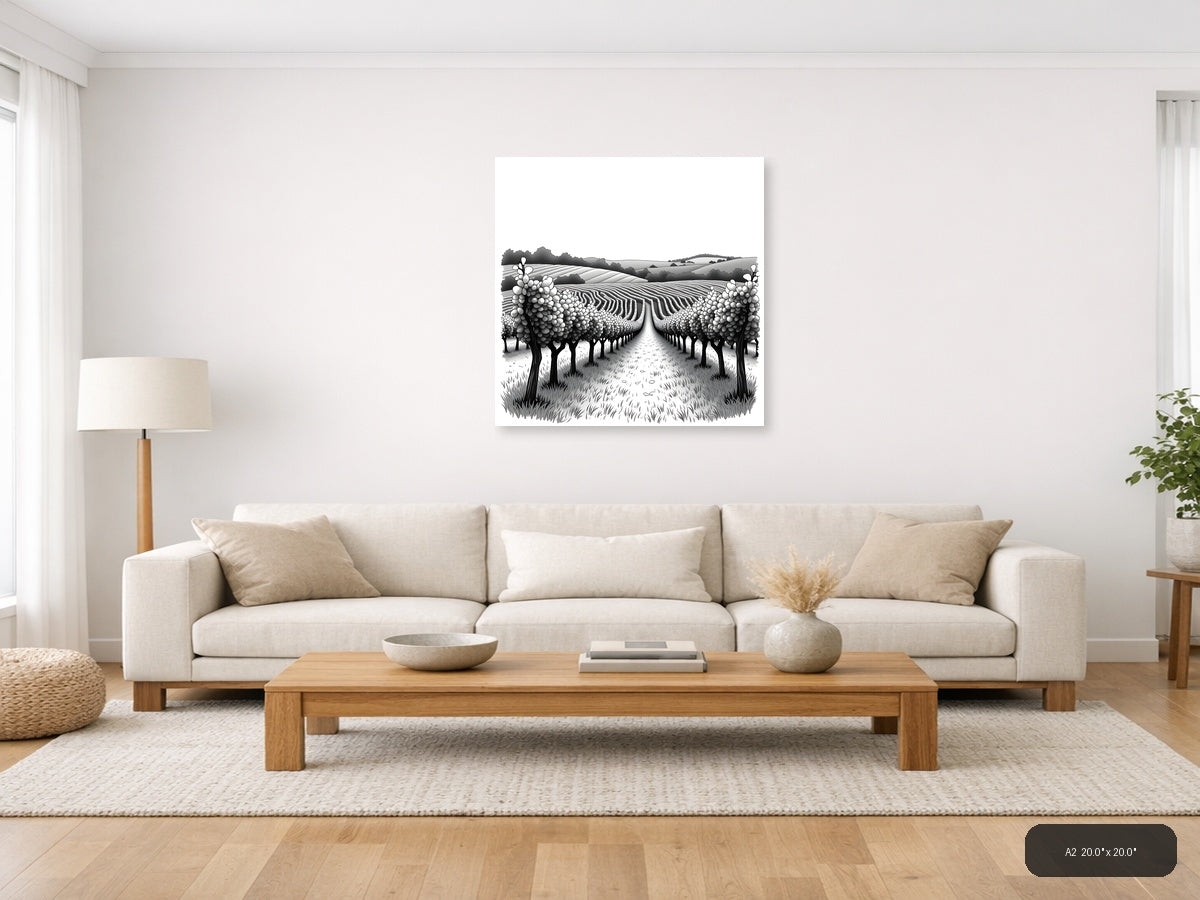 Vineyard Rows Line Art - Monochrome Landscape Wall Art — A2 / Living Room