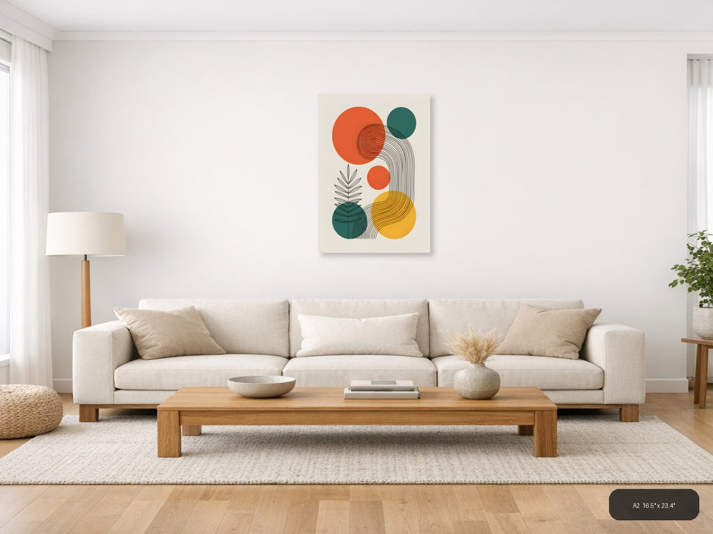 Abstract Line Art with Geometric Circles and Plants Wall Art — A2 / Living Room