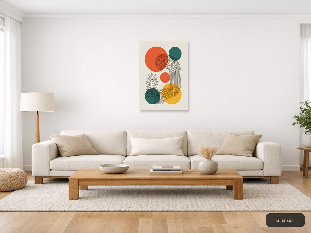 Abstract Line Art with Geometric Circles and Plants Wall Art — A2 / Living Room