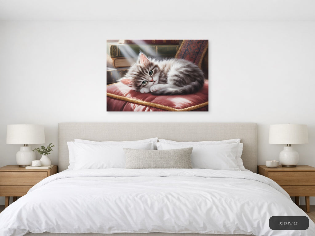Fluffy White Cat Watercolor Portrait Wall Art — A2 / Bedroom