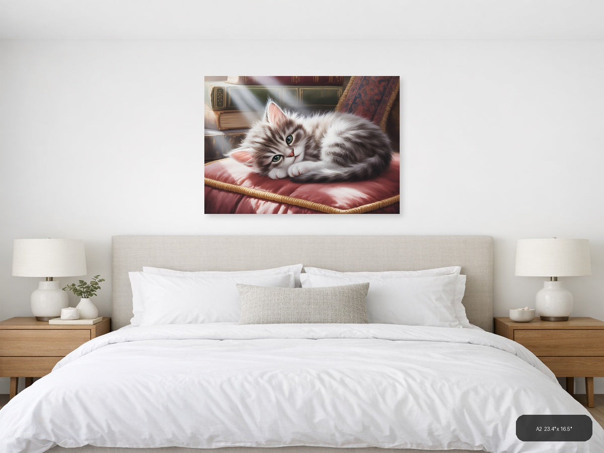 Fluffy White Cat Watercolor Portrait Wall Art — A2 / Bedroom