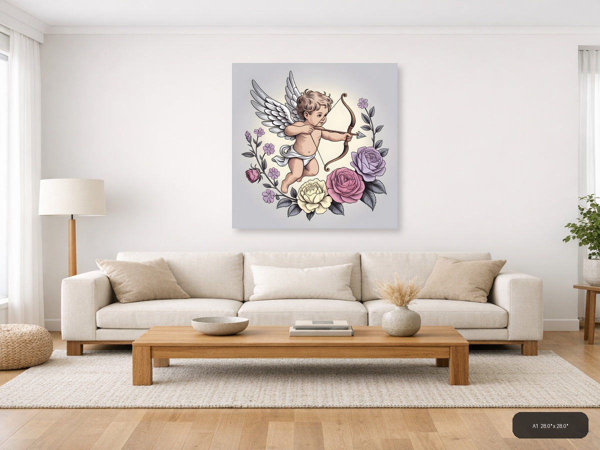 Cupid Angel with Bow and Roses Line Art Wall Art — A1 / Living Room