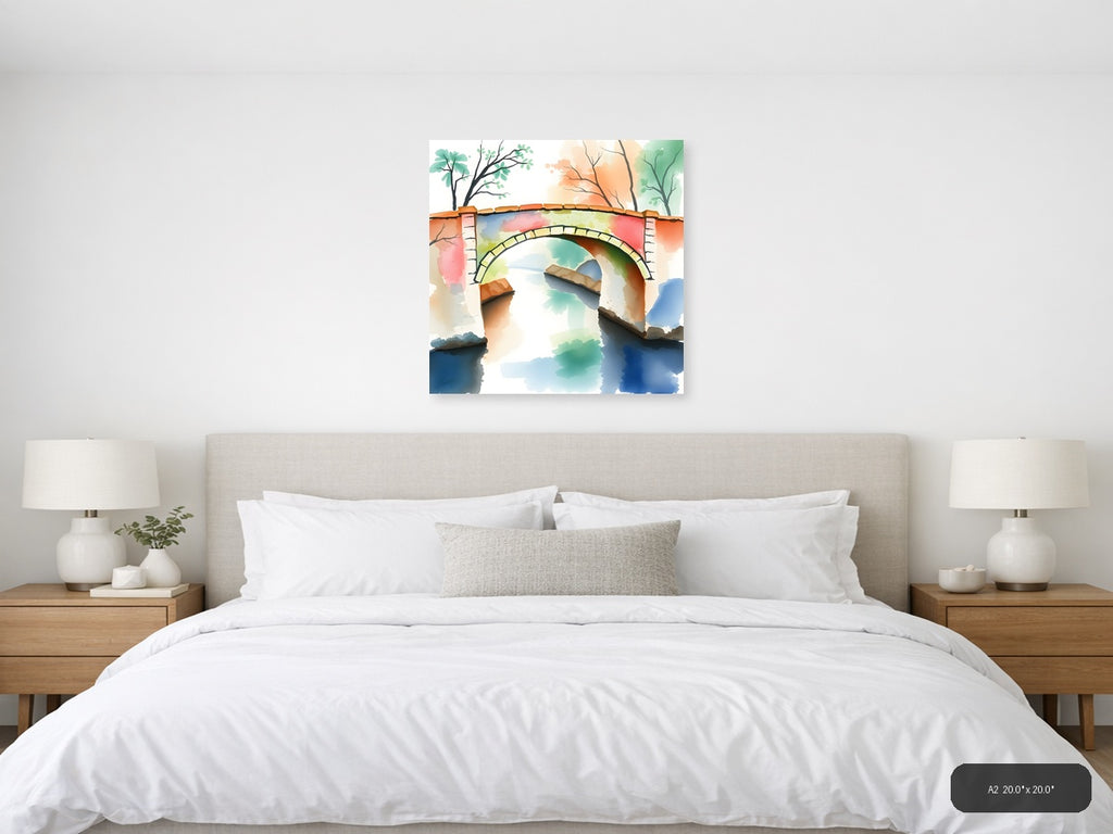Stone Bridge Over Colorful Water Watercolor Wall Art — A2 / Bedroom