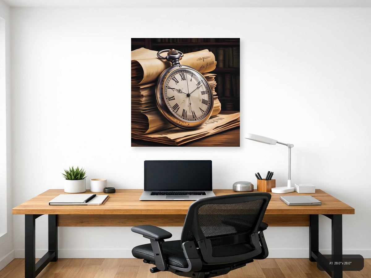 Vintage Pocket Watch & Books Stack Wall Art — A1 / Office