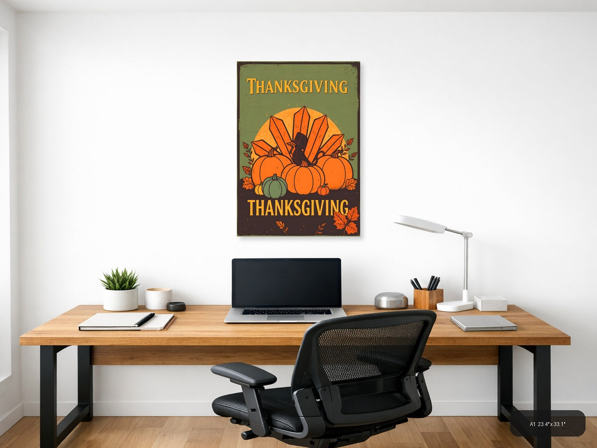 Vintage Thanksgiving Turkey & Pumpkins Harvest Wall Art — A1 / Office