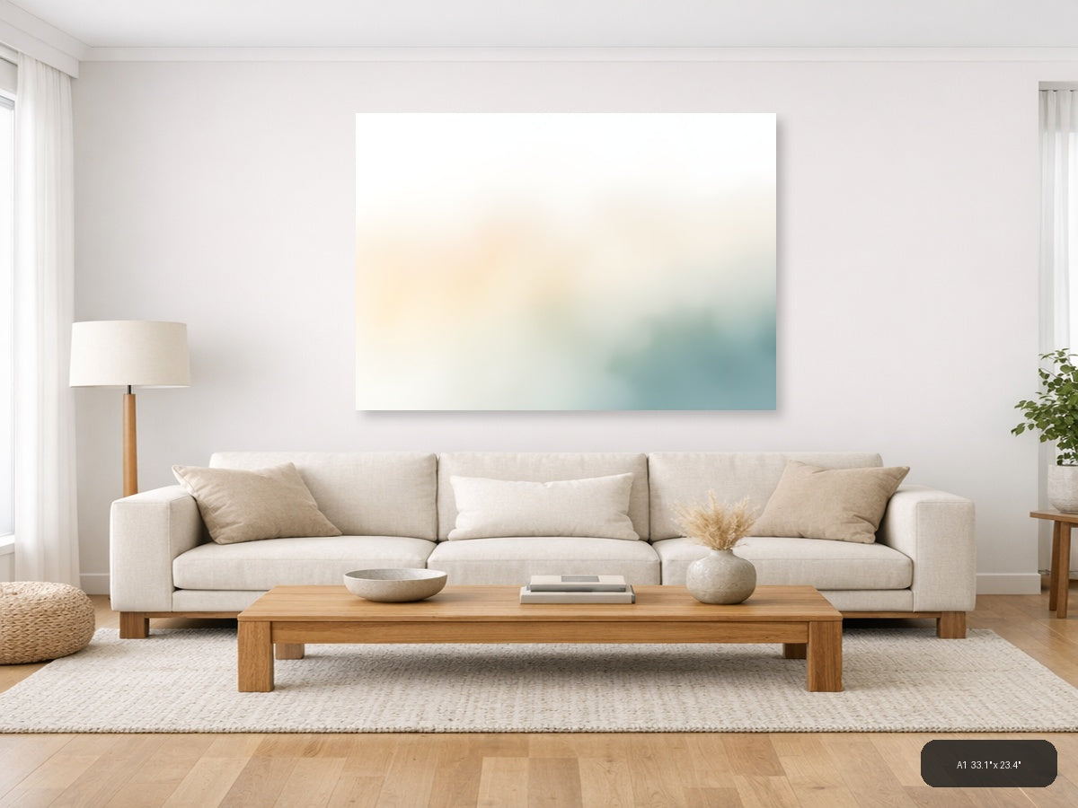 Serene Watercolor Landscape with Soft Teal & Cream Wall Art — A1 / Living Room