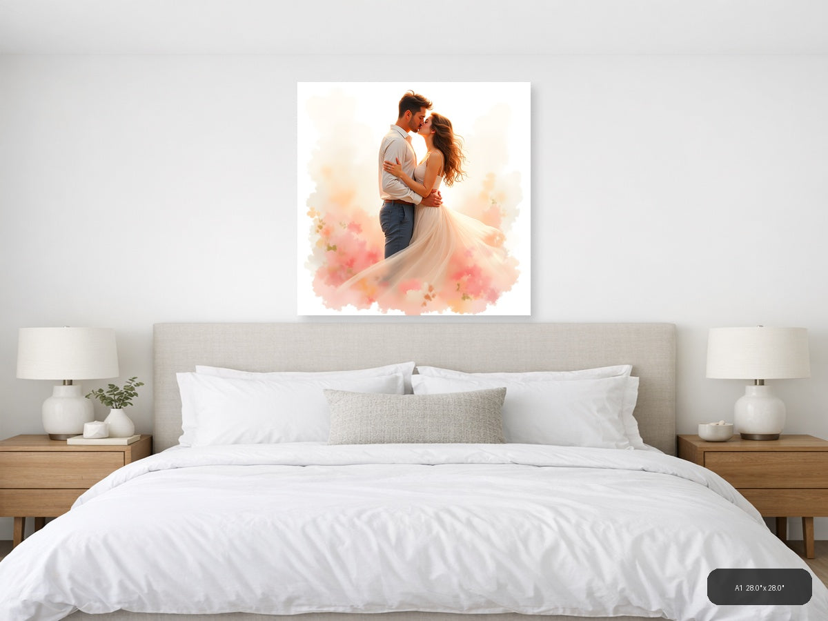 Romantic Couple Kissing Watercolor Wall Art — A1 / Bedroom