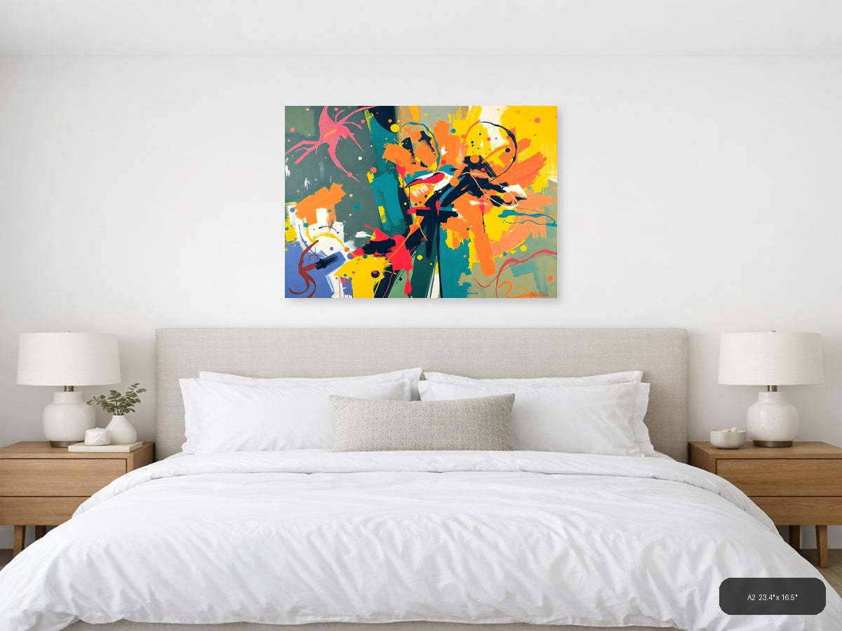 Vibrant Abstract Bird & Botanical Splash Wall Art — A2 / Bedroom