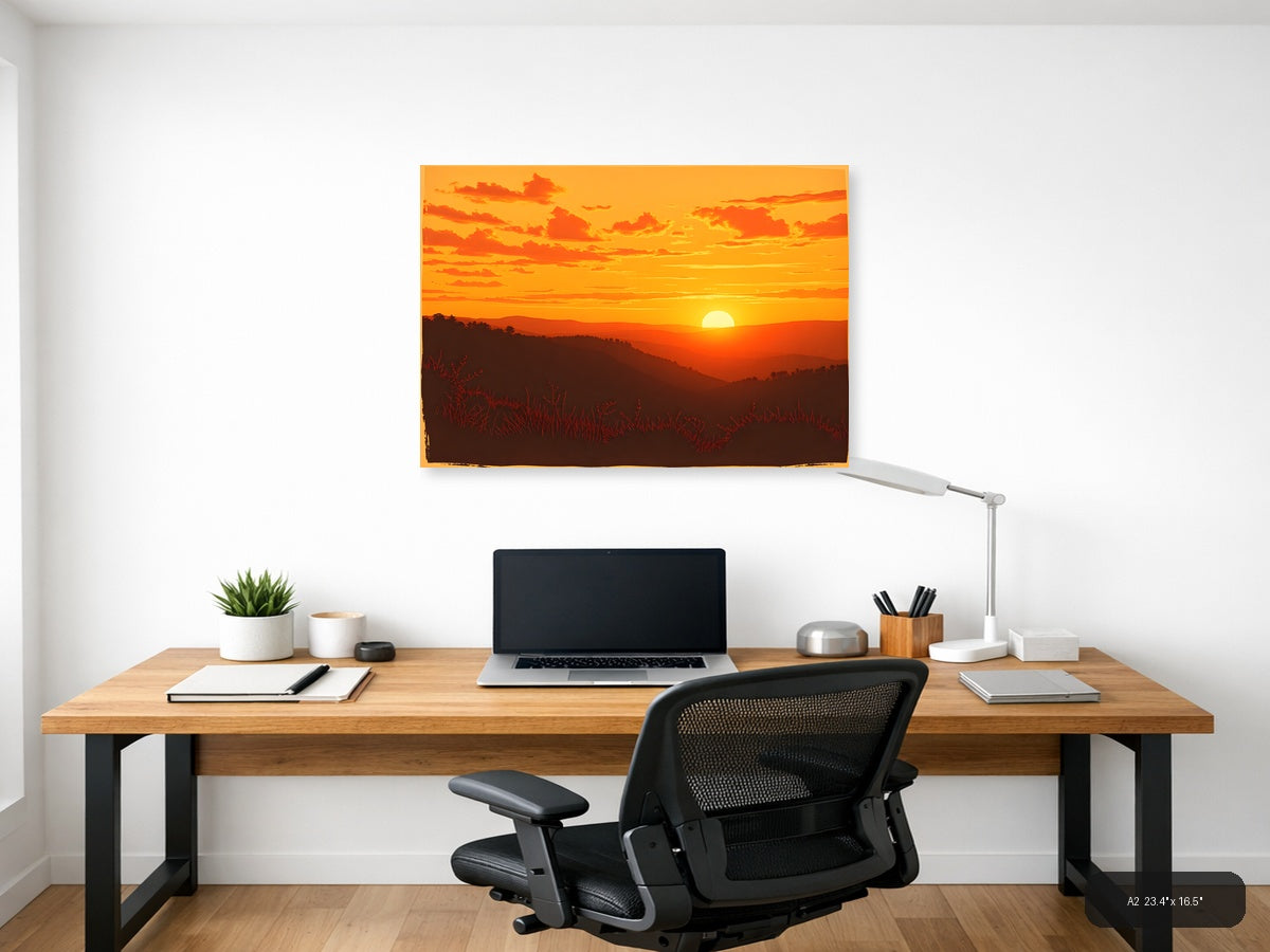 Vintage Sunset Over Mountains Landscape Wall Art — A2 / Office