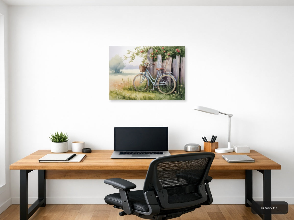 Vintage Bicycle by Wooden Fence - Watercolor Wall Art — A3 / Office