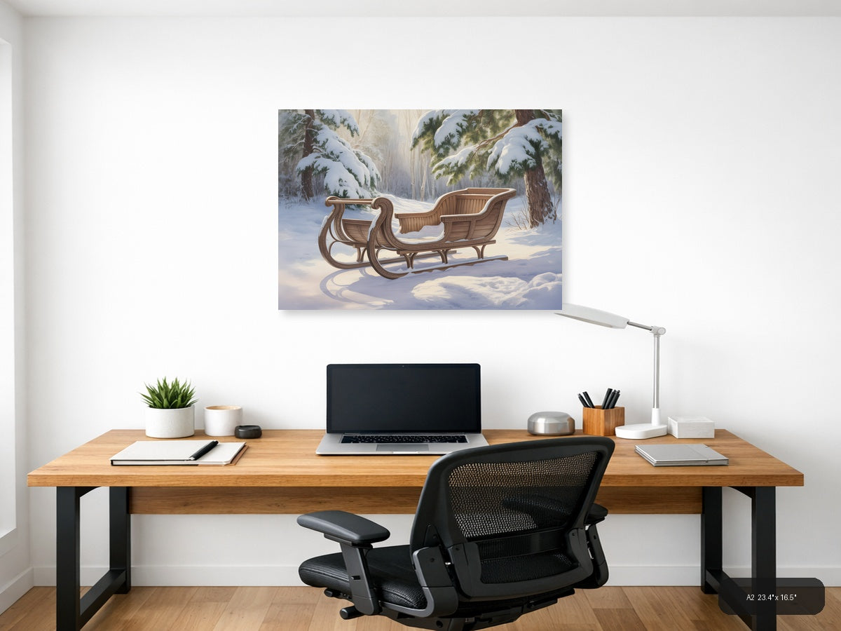 Wooden Sleigh in Snowy Forest Watercolor Wall Art — A2 / Office