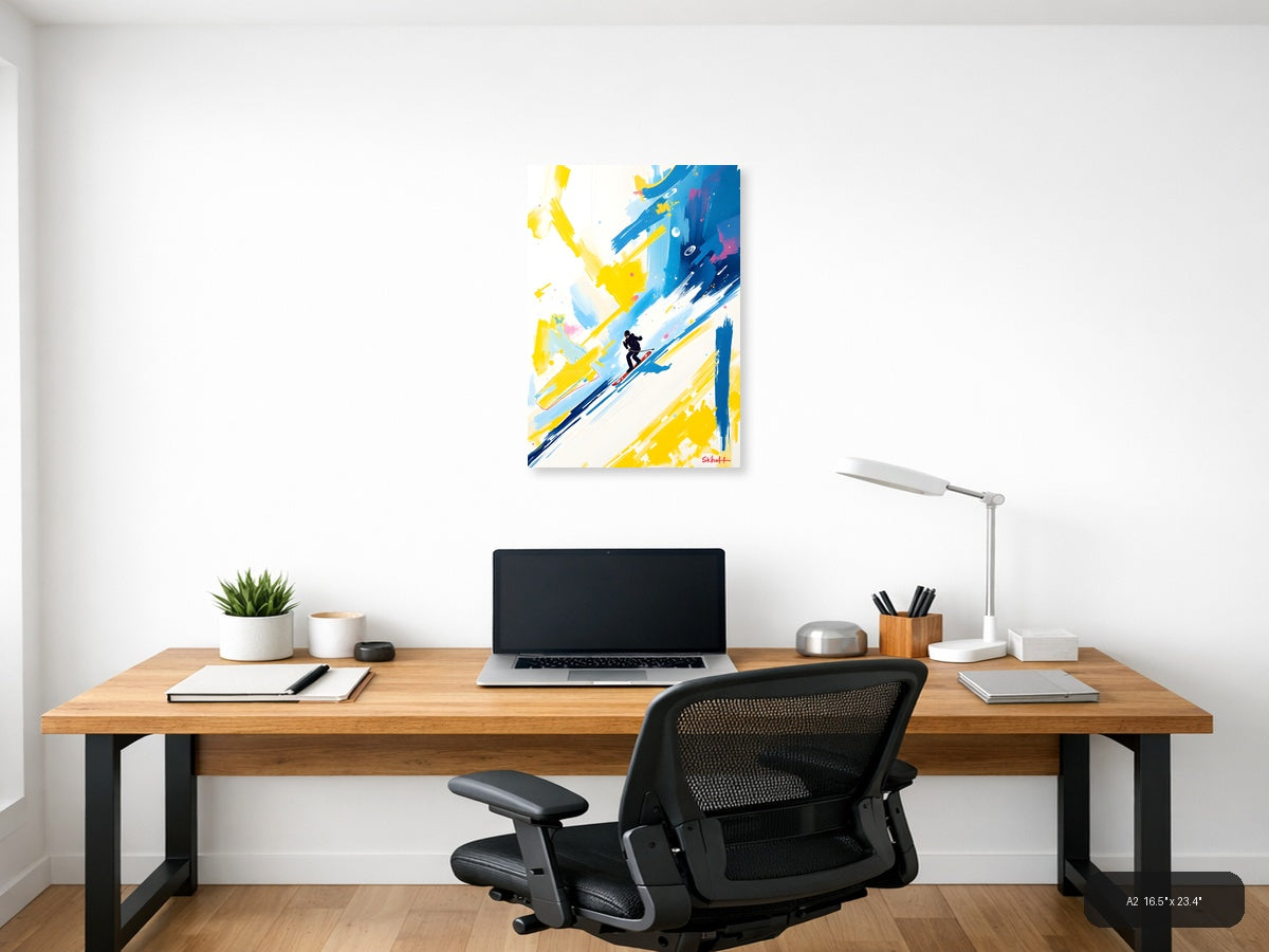 Abstract Skier in Blue & Yellow Strokes Wall Art — A2 / Office