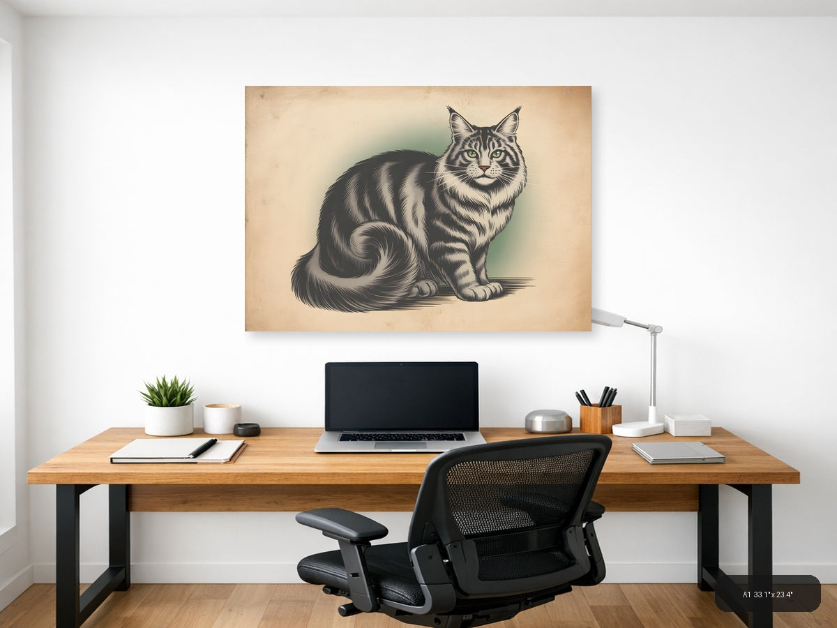 Vintage Tabby Cat Portrait with Green Eyes Wall Art — A1 / Office
