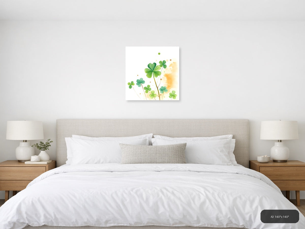 Four Leaf Clovers Watercolor Green Wall Art — A3 / Bedroom