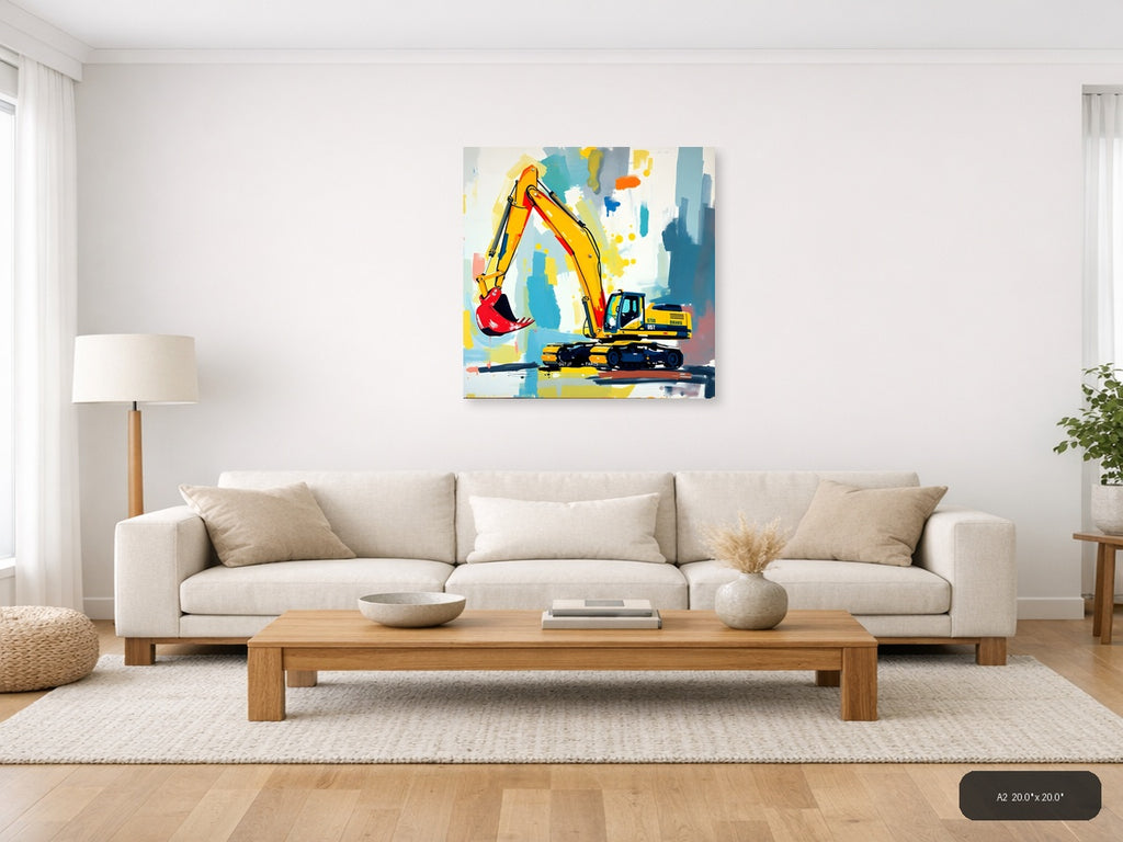 Yellow Excavator Abstract Construction Wall Art — A2 / Living Room