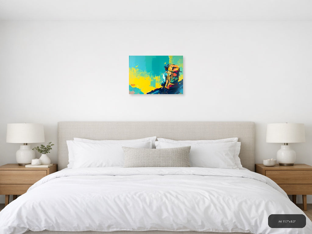 Colorful Adventurer with Backpack Abstract Wall Art — A4 / Bedroom