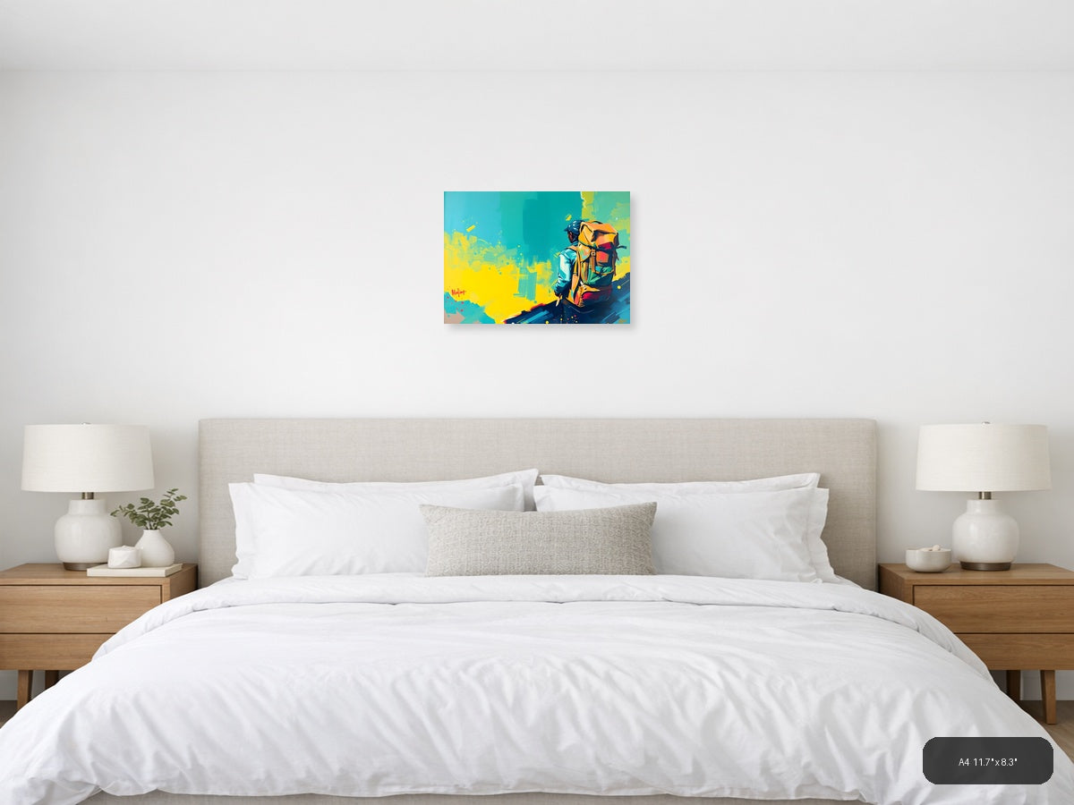 Colorful Adventurer with Backpack Abstract Wall Art — A4 / Bedroom