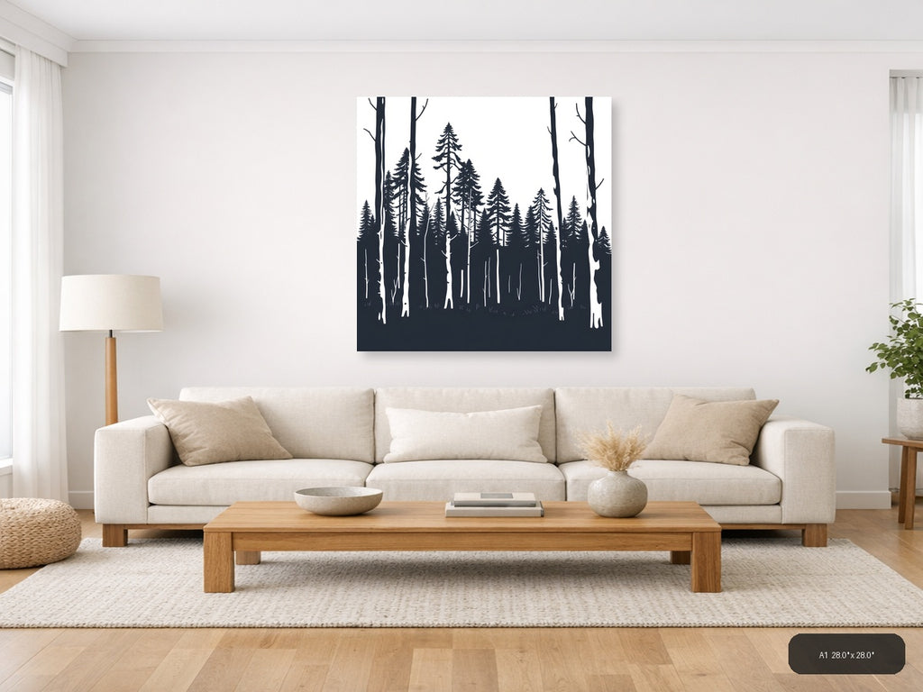 Minimalist Forest Silhouette Black and White Wall Art — A1 / Living Room
