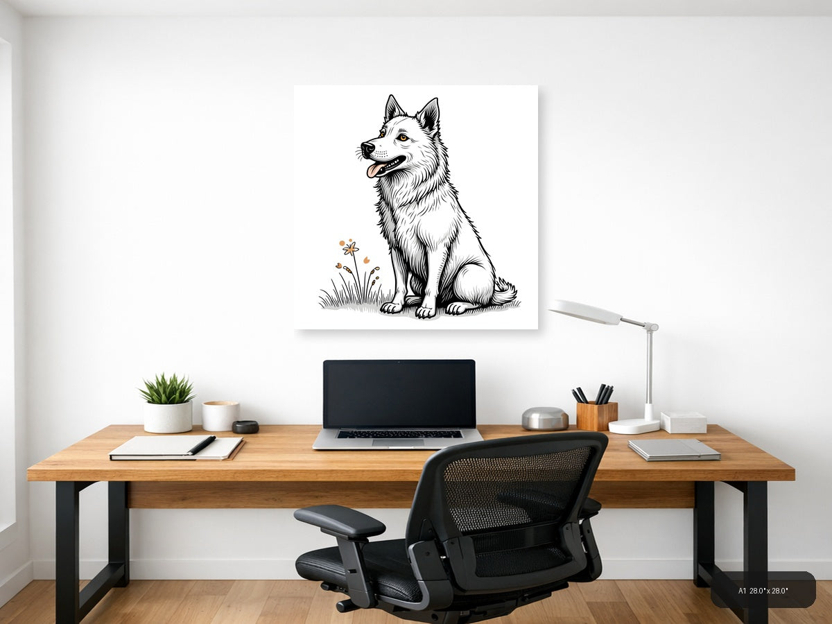 Happy Husky Dog Line Art Drawing Wall Art — A1 / Office