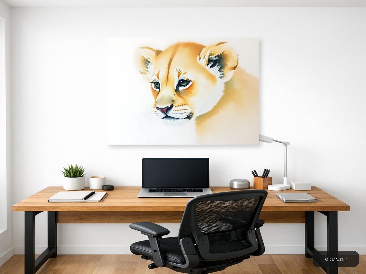 Young Lion Cub Watercolor Portrait Wall Art — A1 / Office
