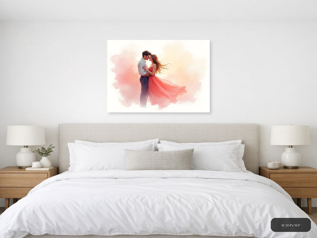Romantic Couple Watercolor Illustration Wall Art — A2 / Bedroom