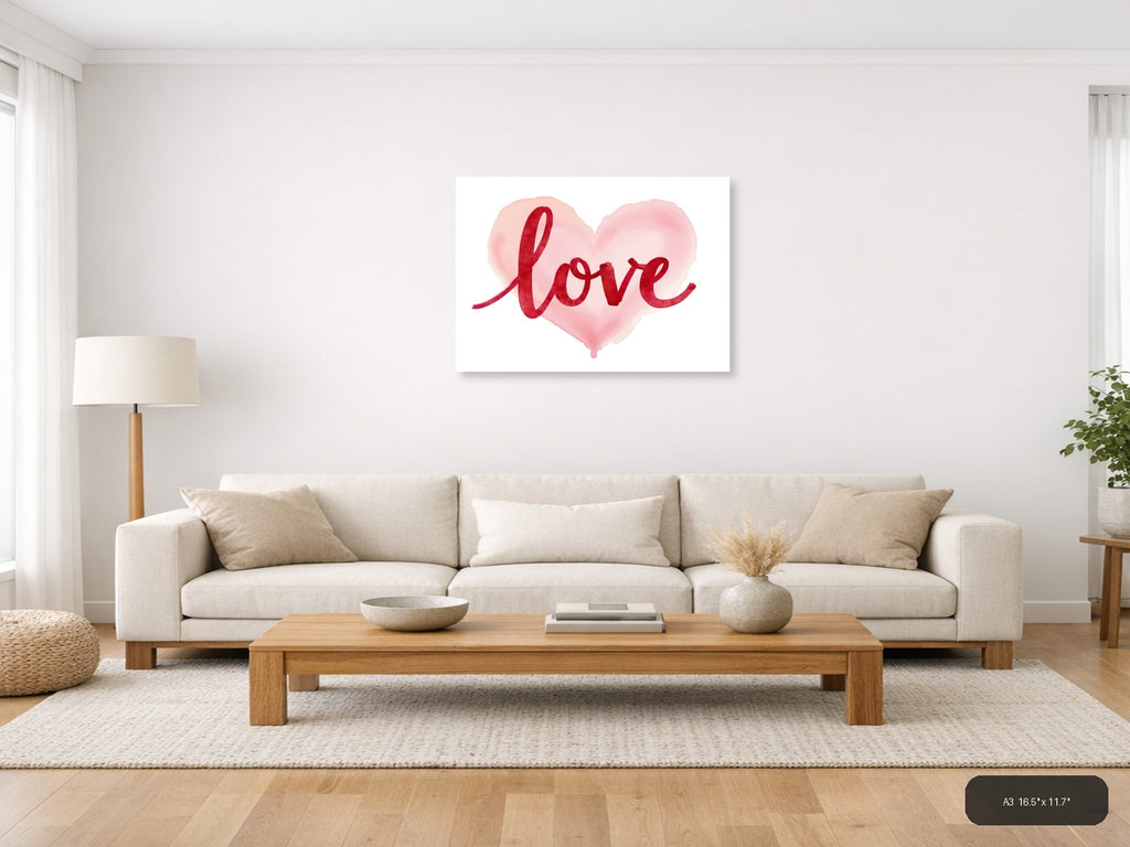 Love Red Watercolor Heart Wall Art — A3 / Living Room