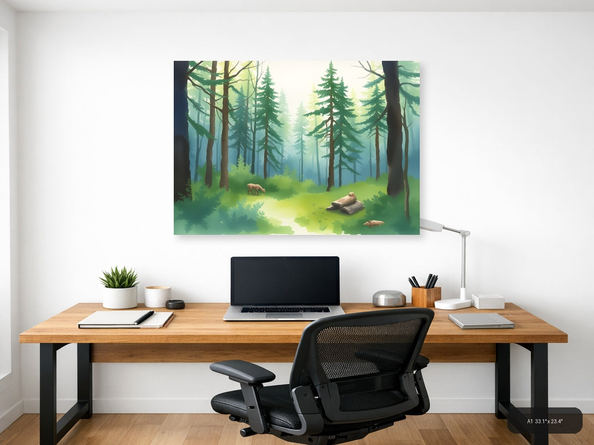Misty Forest Stream with Wildlife Watercolor Wall Art — A1 / Office