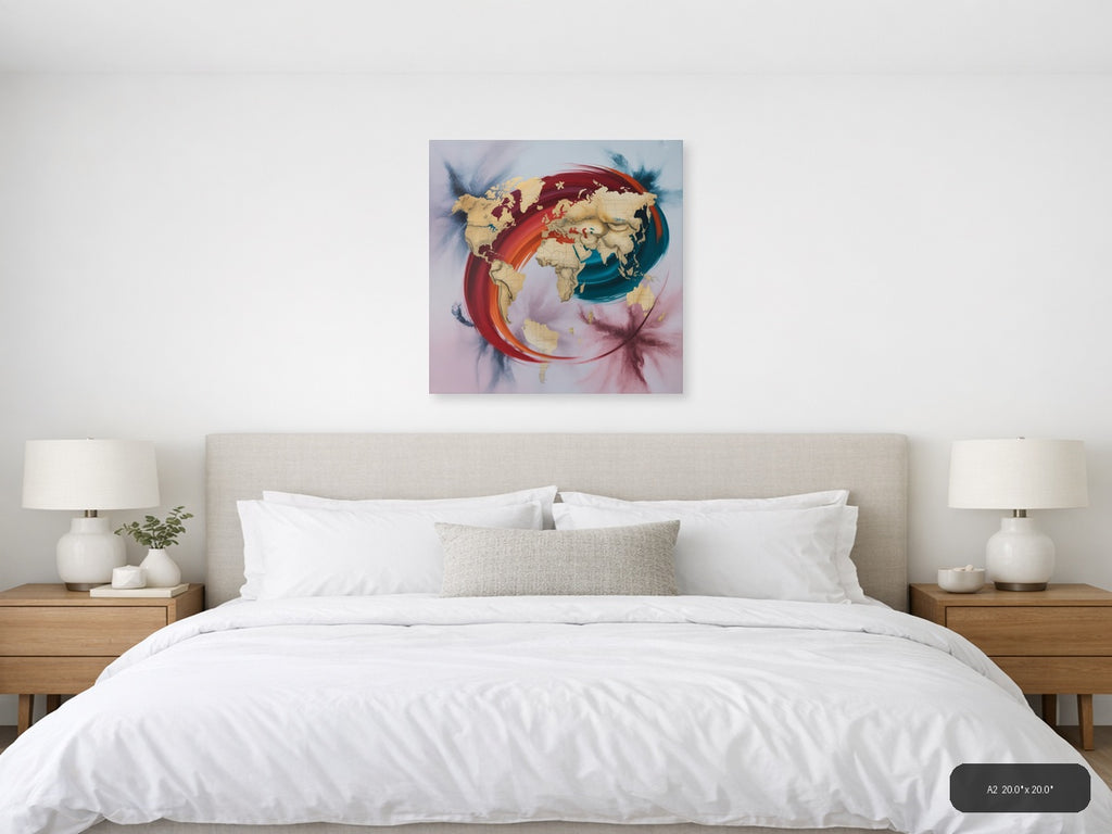 Abstract World Map with Red & Teal Flow Wall Art — A2 / Bedroom