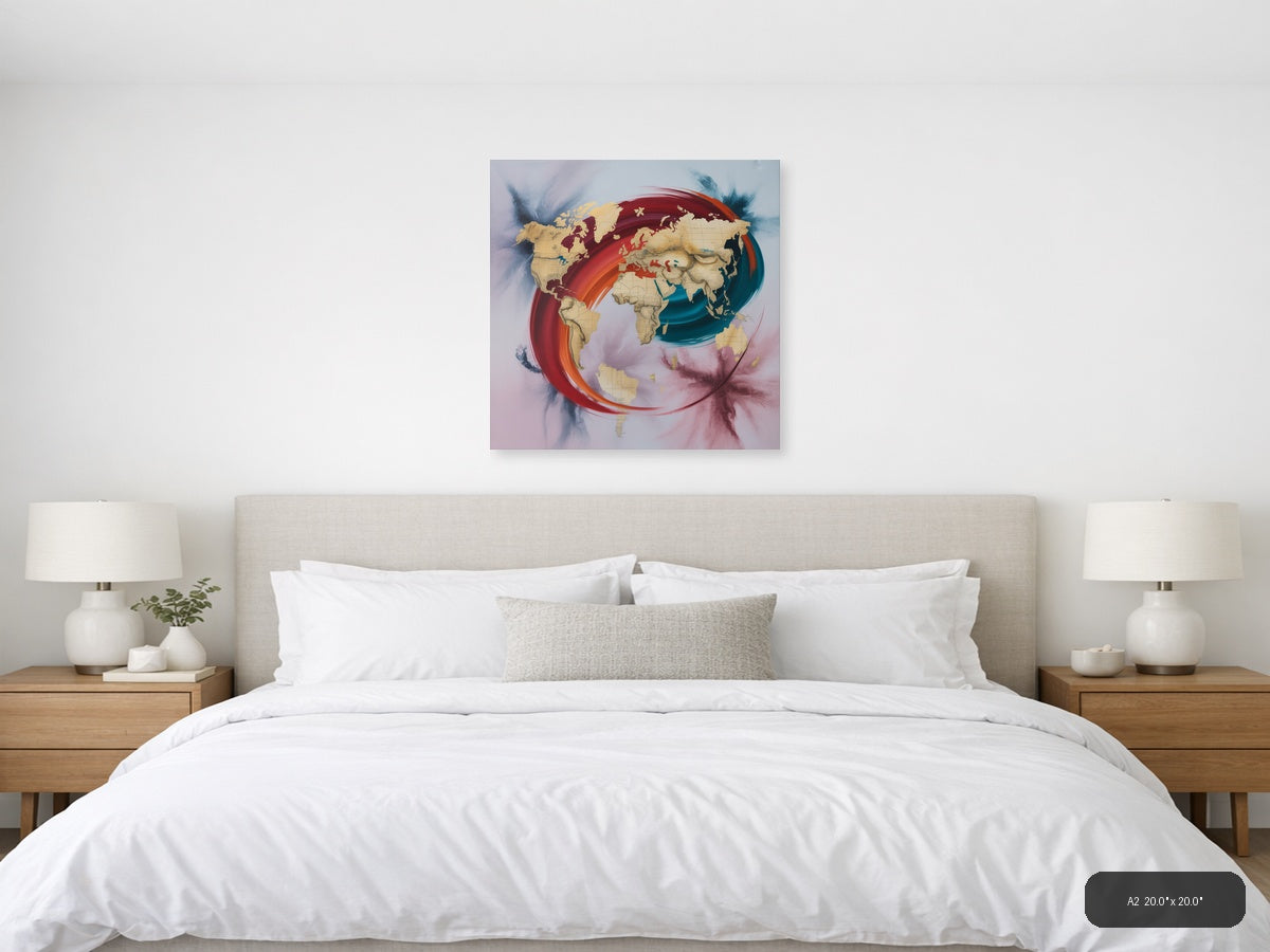 Abstract World Map with Red & Teal Flow Wall Art — A2 / Bedroom
