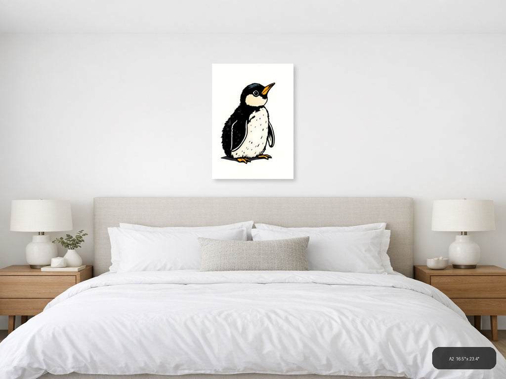 Vintage Penguin Illustration Black White Wall Art — A2 / Bedroom