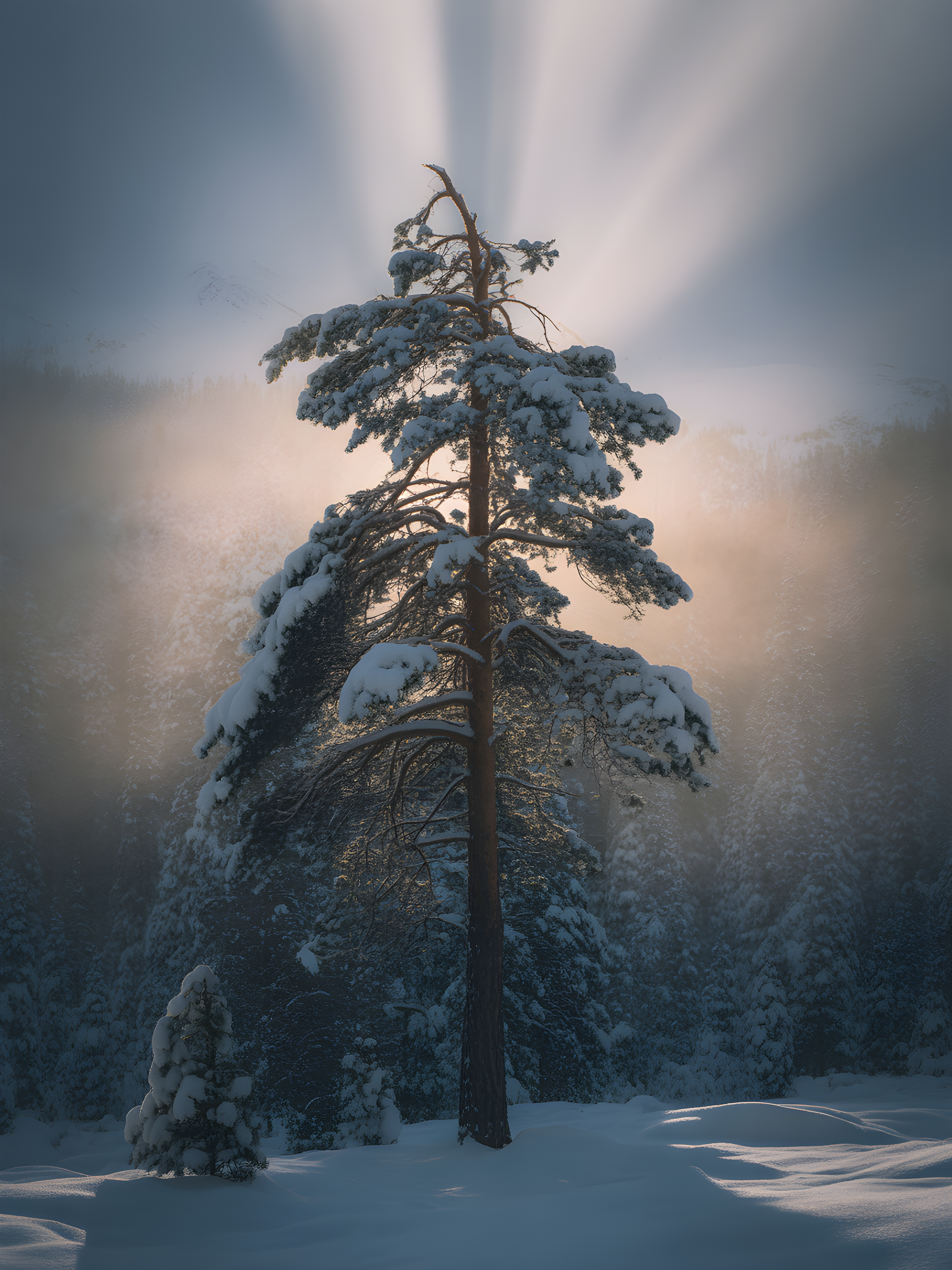 Snow-Covered Pine Tree in Misty Forest Photography Wall Art
