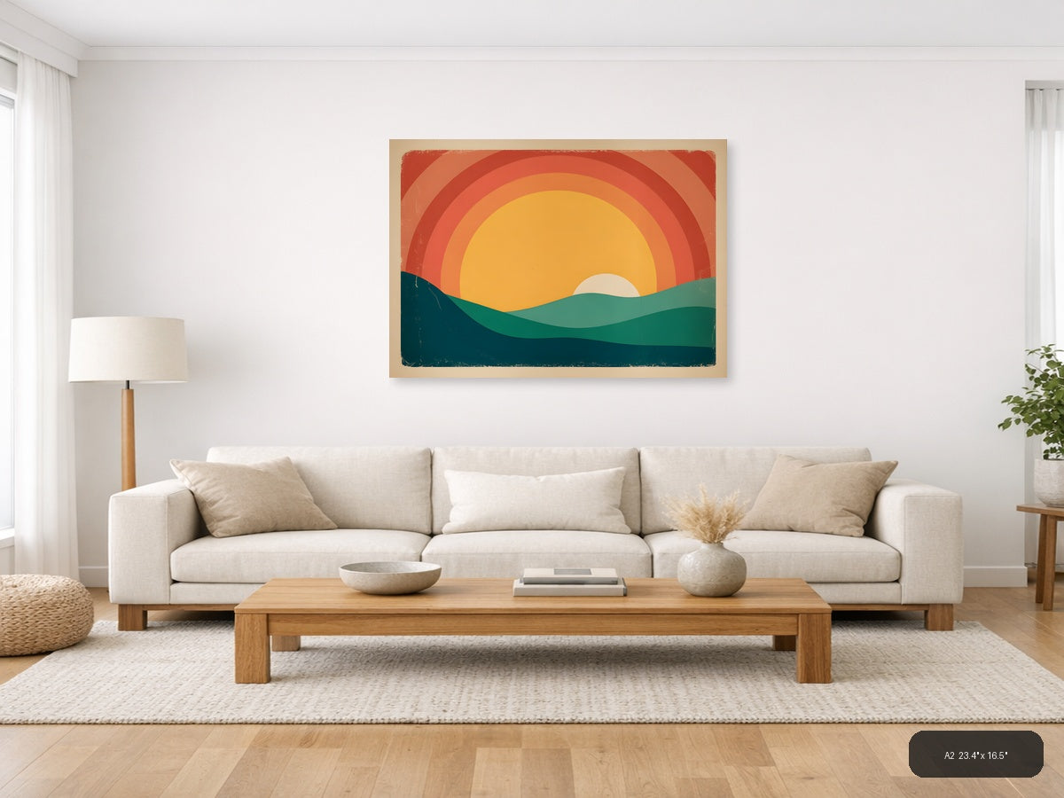 Vintage Retro Sunset Landscape Illustration Wall Art — A2 / Living Room
