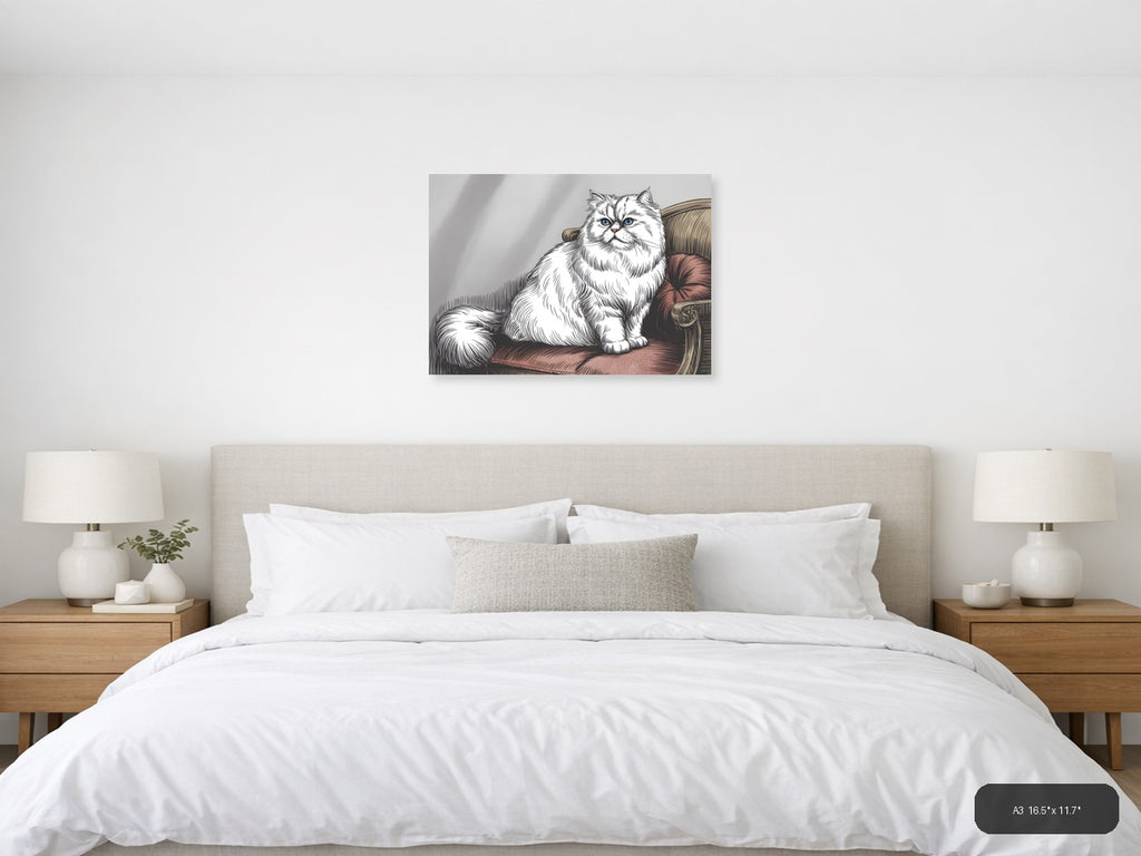 White Fluffy Cat with Blue Eyes Line Art Wall Art — A3 / Bedroom