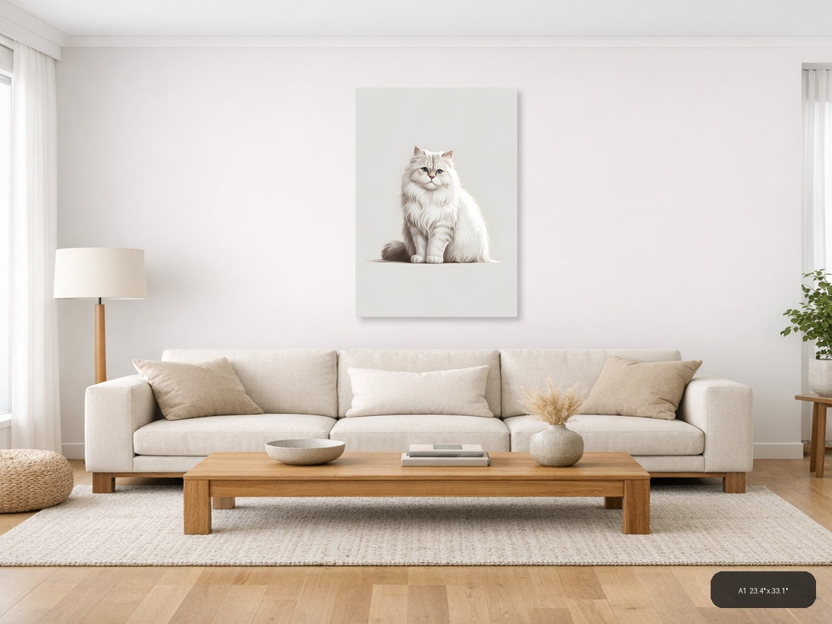 Fluffy White Cat Portrait Minimalist Wall Art — A1 / Living Room