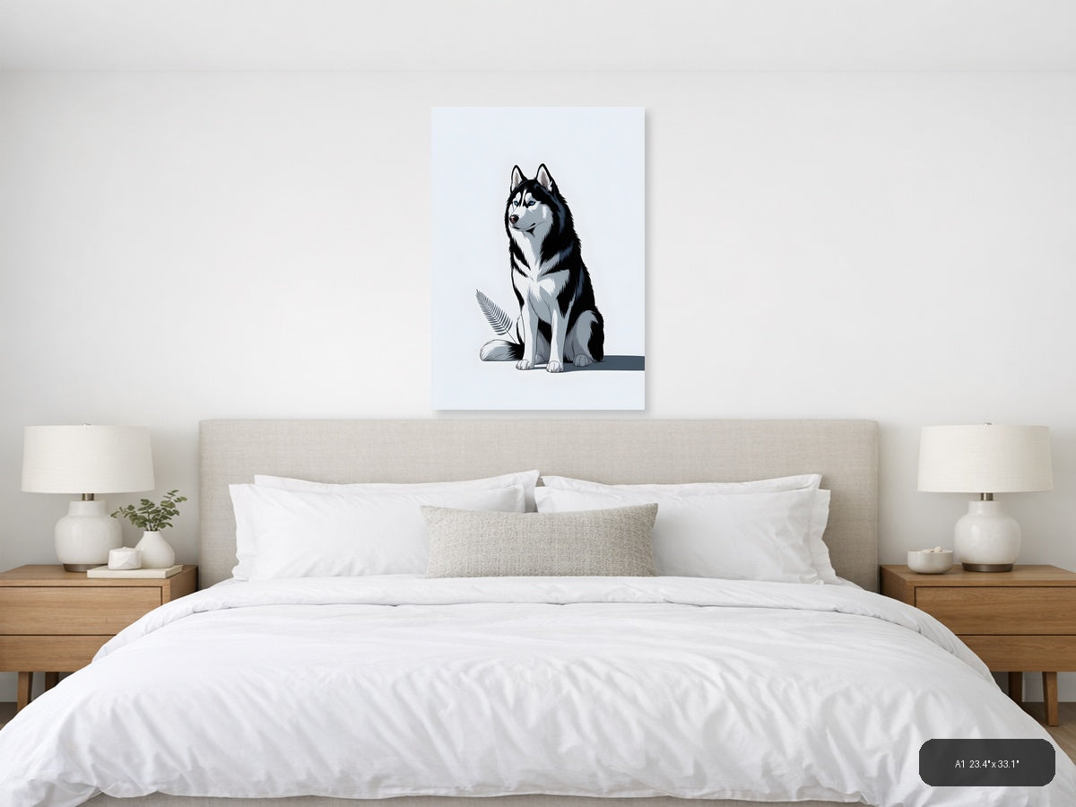 Minimalist Husky Portrait Black White Wall Art — A1 / Bedroom
