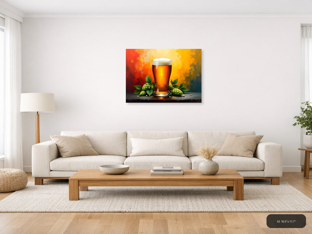 Beer Glass Hops Abstract Orange Yellow Wall Art — A3 / Living Room