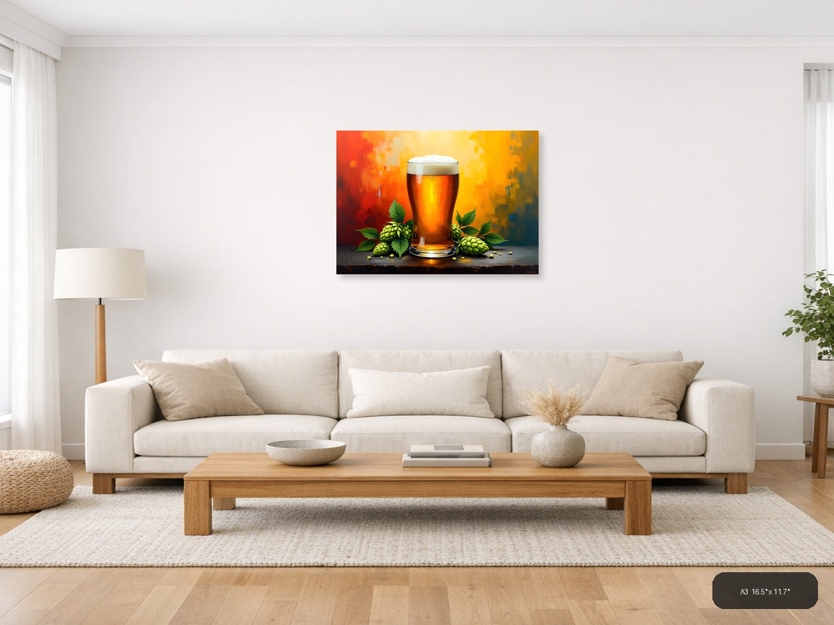 Beer Glass Hops Abstract Orange Yellow Wall Art — A3 / Living Room