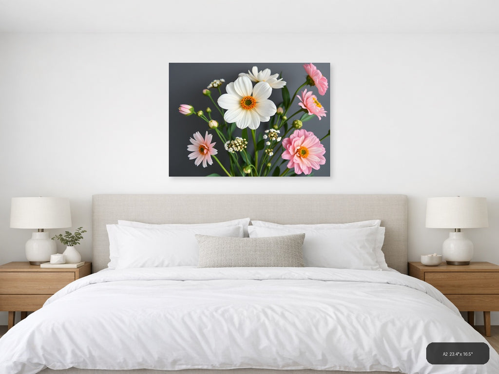 White Daisy & Pink Gerbera Minimalist Flower Wall Art — A2 / Bedroom