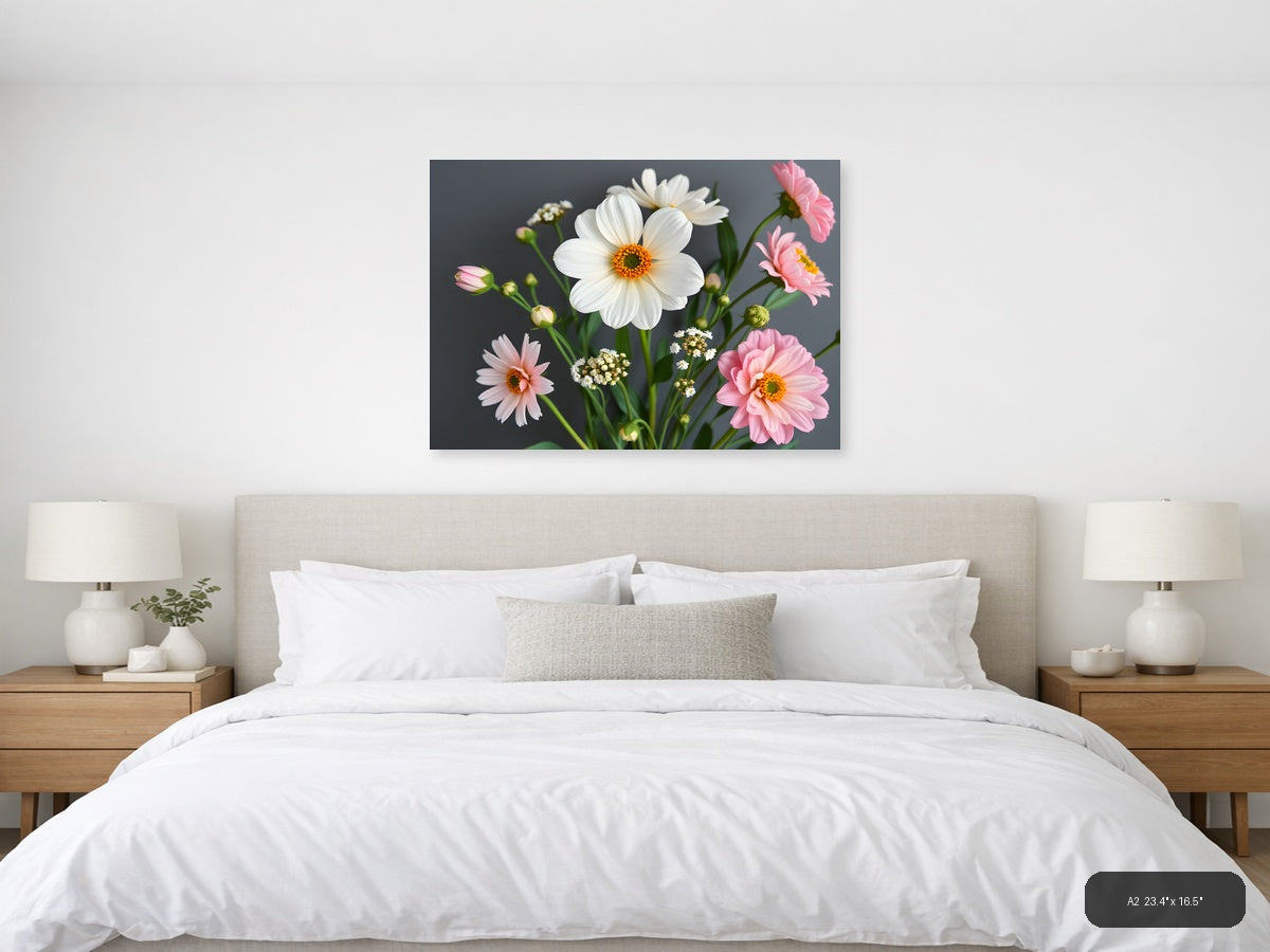 White Daisy & Pink Gerbera Minimalist Flower Wall Art — A2 / Bedroom