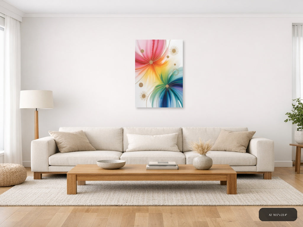 Rainbow Watercolor Sunburst with Gold Accents Wall Art — A2 / Living Room