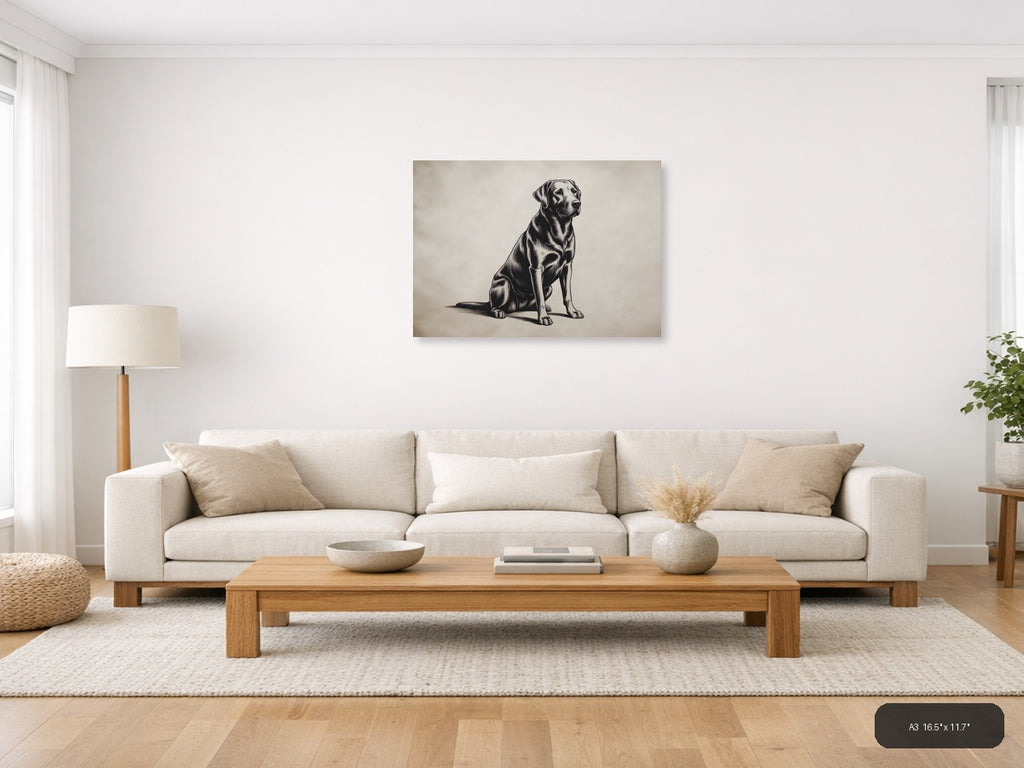 Sitting Labrador Retriever Line Art Black & White Wall Art — A3 / Living Room