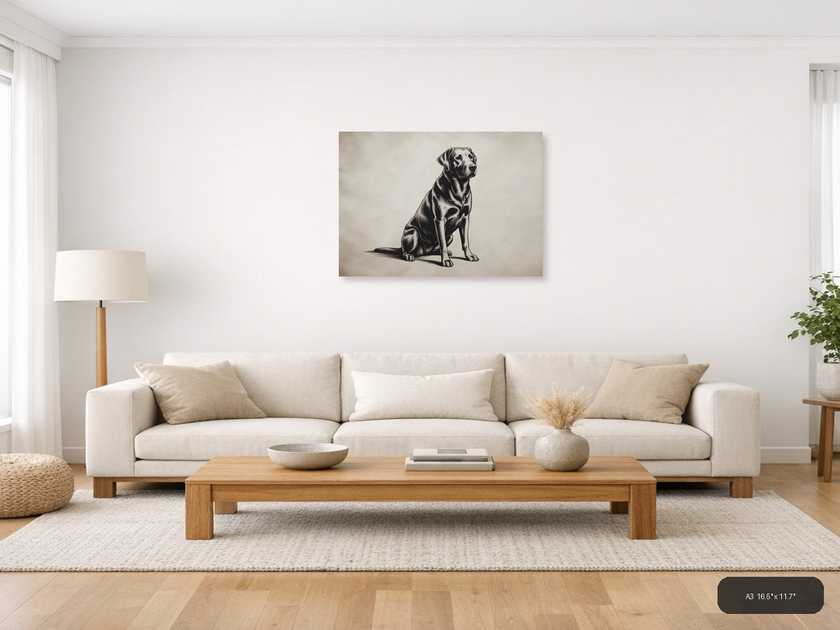 Sitting Labrador Retriever Line Art Black & White Wall Art — A3 / Living Room